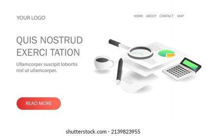 Landing page concept flat isometric illustration. business data analysis paper