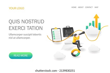 Landing page concept flat isometric illustration. businessman looking at successful business