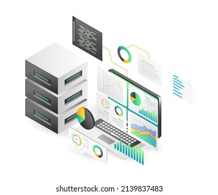 Landing page concept flat isometric illustration. cloud server transformation digital analyst data monitoring