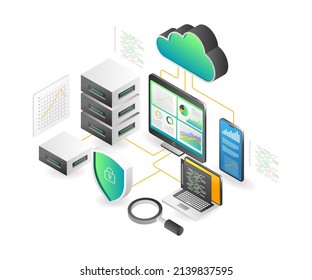 Ilustración isométrica plana de concepto de página de aterrizaje. monitoreo de datos de análisis digital de transformación de servidor en nube