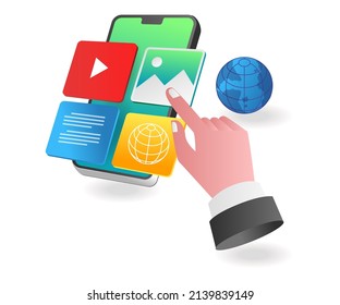 Landing page concept flat isometric illustration. choose multiple apps on smartphone