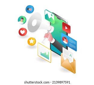 Landing page concept flat isometric illustration. digital marketing campaign