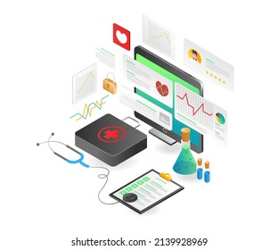 Landing page concept flat isometric illustration. digital transformation for medical doctor analysis