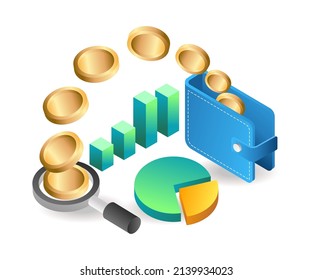 Landing page concept flat isometric illustration. make money and save in the wallet