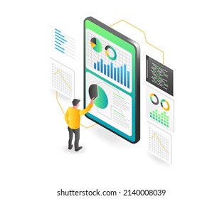 Ilustración isométrica plana de concepto de página de aterrizaje. hombre analizando datos por teléfono celular