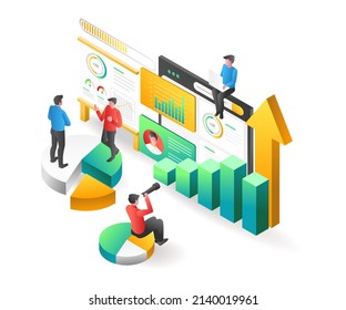 Landing page concept flat isometric illustration. Successful investment business team