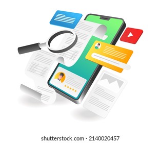 Landing page concept flat isometric illustration. smartphone app search for someone's data