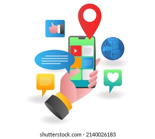 Landing page concept flat isometric illustration. use smartphone app