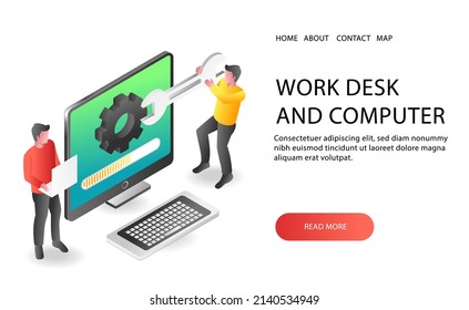Landing page concept flat isometric illustration. two men maintenance app upgrade 