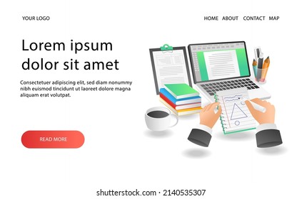 Landing Page Konzept flach isometrische Abbildung. kreatives Design in Notebooks und Computern