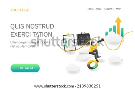 Landing page concept flat isometric illustration. businessman looking at successful business