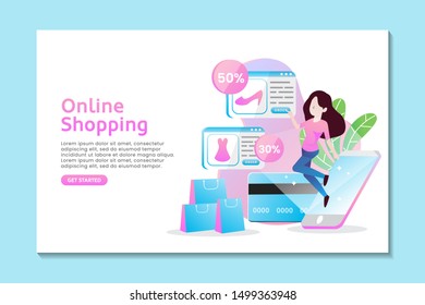 landing page concept girl do online shopping with phone