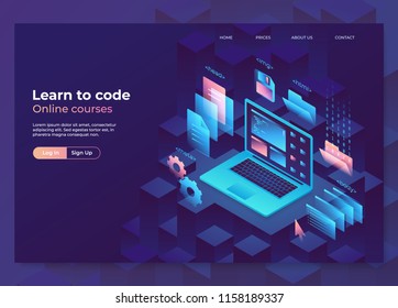 Landing page concept, header for website. Online education illustration, programming and coding process. Isometric laptop with graphic elements. Eps10 vector