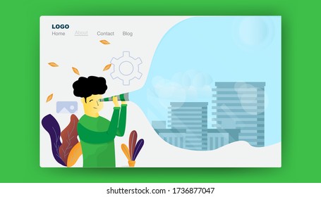 landing page concept, a man who is looking toward the urban direction. the concept of a green background. Flat character. Vector