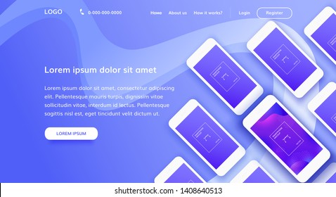 Landing page concept with mobile phones illustrashion. Web Design the layout of the main screen with a variety of smartphones in the isometric view.