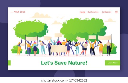 Landing page concept on protests theme, rallies against the destruction of nature, deforestation for development. protesting people. Characters with placards and signboard on strike or protest, riot.