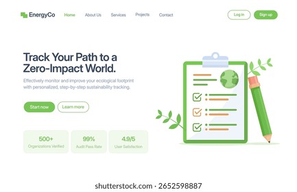 Um conceito de landing page para rastreamento de sustentabilidade, com uma área de transferência com uma lista de verificação e um lápis verde, com foco em pegada ecológica e soluções de impacto zero.