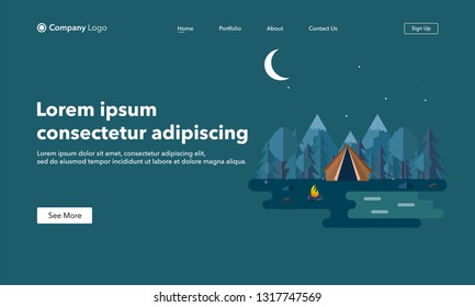 Landing page concept. Vector illustration of beautiful forest scene. Night landscape in flat style. Sunny day. Background. Tent,campfire,mountains,forest and water. Camping, summer camp,hiking,tourism