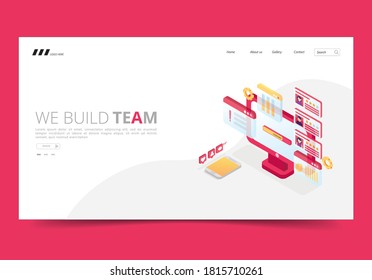 Landing Page Concept con un monitor virtual, isométrico y un vector premium de teléfono, botón de medios sociales y concepto de Windows.