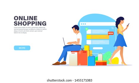 Landing Page concept. Young guy with laptop sitting on boxes purchases and shopping online. Young beautiful girl doing shopping with phone. Modern flat design for shopping websites.