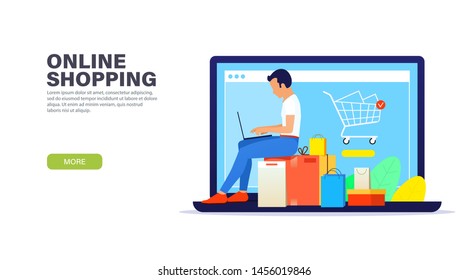 Landing Page concept. Young guy with laptop sitting on boxes purchases and shopping online. Modern flat design for shopping websites. Easy to edit and customize.