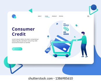 Landing Page Consumer Credit concept modern vector illustration, A man driving a shopping cart, can be used for onboarding mobile apps, web landing pages, banners, posters. vector-illustration