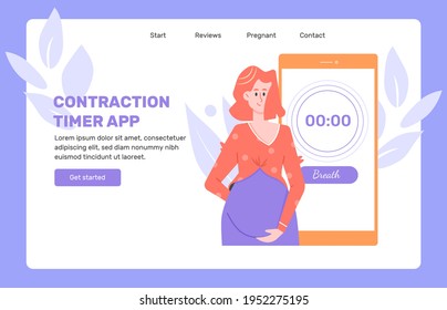 Landing page for the contraction counter mobile app. Breathe inscription on smartphone screen. Cute pregnant woman. Vector flat illustration.