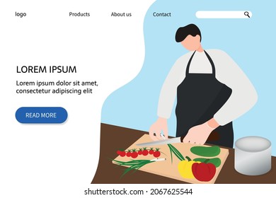 landing page of the cook courses. web template design, vector illustration. A male chef cuts vegetables on a chopping board with a knife in his hand