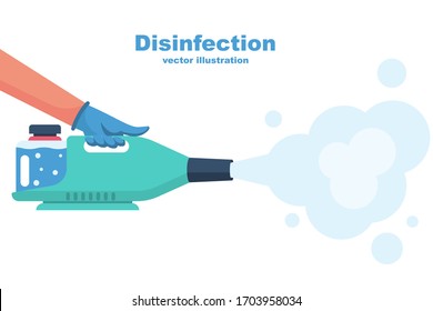 Landing page coronavirus protection. Disinfectant concept. Cleaning and disinfecting. Atomizer and sprayer. Man in gloves hold bottle of antiseptic spray.  Antibacterial flask. Vector flat design.