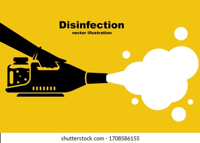 Landing page coronavirus protection. Disinfectant concept. Cleaning and disinfecting. Atomizer and sprayer. Man in gloves hold bottle of antiseptic spray.  Antibacterial flask. Vector flat design.