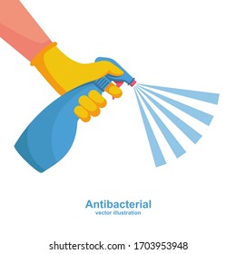 Landing page coronavirus protection. Man in gloves holds bottle of antiseptic spray. Antibacterial flask kills bacteria. Disinfectant concept. Vector flat design. Hygiene home and personal hygiene.