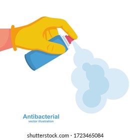 Landing page coronavirus protection. Man in gloves holds bottle of antiseptic spray. Antibacterial flask kills bacteria. Disinfectant concept. Vector flat design. Hygiene home and personal hygiene.