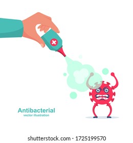 Landing page coronavirus protection. Man holds bottle of antiseptic spray. Antibacterial flask kills bacteria. Disinfectant concept. Vector flat design. Hygiene home and personal hygiene.