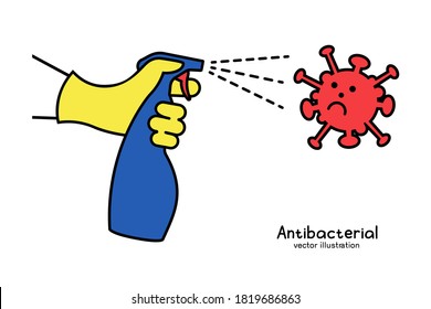 Landing page coronavirus protection. Man in gloves holds bottle of antiseptic spray. Antibacterial flask kills bacteria. Disinfectant concept. Vector flat design. Hygiene home and personal hygiene.