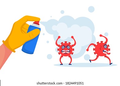 Landing page coronavirus protection. Man in gloves holds bottle of antiseptic spray. Antibacterial flask kills bacteria. Disinfectant concept. Vector flat design. Hygiene home and personal hygiene.