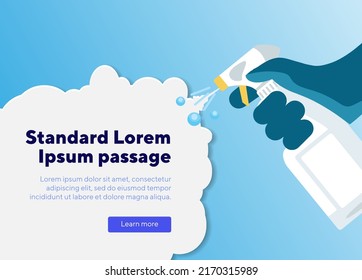 Landing page coronavirus protection. Man in gloves holds bottle of antiseptic spray. Antibacterial flask kills bacteria. Disinfectant concept. Vector flat design. Hygiene home and personal hygiene.
