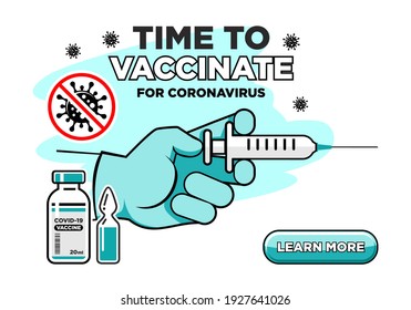 Landing page for coronavirus vaccination site. Drug preparations, vaccine, medical hand with syringe with needle on transparent background. Vector