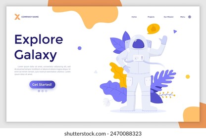 Landing page with cosmonaut, astronaut or spaceman wearing spacesuit waving hand. Concept of protective garment for survival during interstellar travel, space exploration. Modern vector illustration.