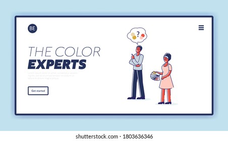Landing page with couple choosing color for wall painting. Home renovation concept. Man and woman picking from colorful swatch book with samples. Linear vector illustration
