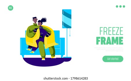 Landing page with couple warming up together sitting on couch hugging under blanket on sofa at home. Romantic man and woman comforting during cold season. Vector illustration