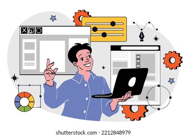 Landing page creation. Man with laptop in his hand developing interface for programs, software and applications. UI and UX design. Poster or banner for website. Cartoon flat vector illustration
