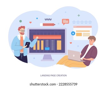 Landing page creation, website or application, ui ux design banner. Web page design, programming. Designer and teamwork doing researches, prototyping, working on ui ux design or mobile application