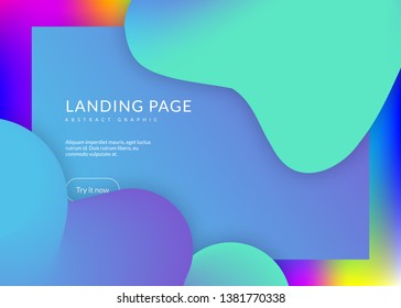 Landing page. Creative banner, website layout. Vivid gradient mesh. Holographic 3d backdrop with modern trendy blend. Landing page with liquid dynamic elements and fluid shapes.