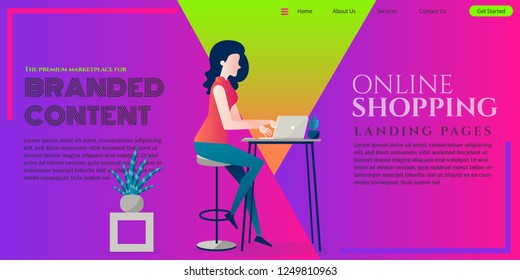 Landing page creative design. Woman using laptop, doing her work or online shopping. The premium market place for branded content. Design for web or mobile website. Easy to edit and customize.