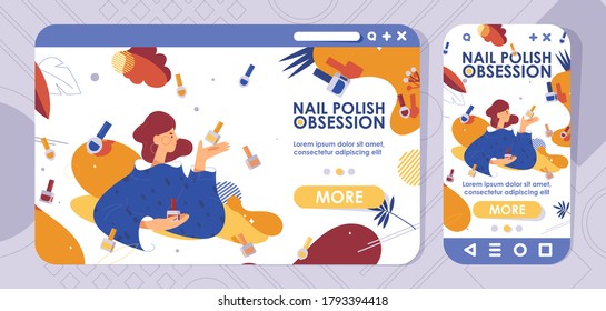 Landing page cross-platform design nail polish choice obsession. Banners or website headers for mobile and desktop browser in vibrant colors