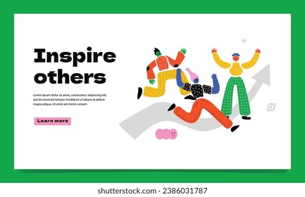 A landing page with a crowd of running figures and a character greeting them. A symbol of motivation, inspire others.