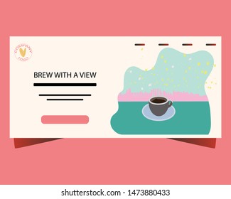 Landing page with cup of espresso with a view on big city. Brew with a view. Vector illustration