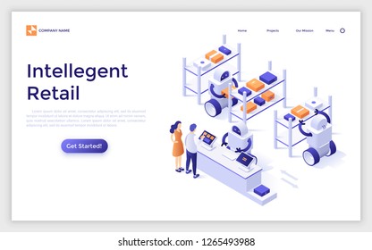 Landing page with customers standing at counter and robots working at warehouse. Concept of intelligent retail, online store with robotic fulfillment system. modern isometric vector illustration.