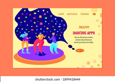 Página de inicio del diseño de aplicaciones de baile. La gente baila, UI, elementos de aplicaciones, plantilla web, aplicaciones móviles, aplicaciones de salud, aplicaciones deportivas. 