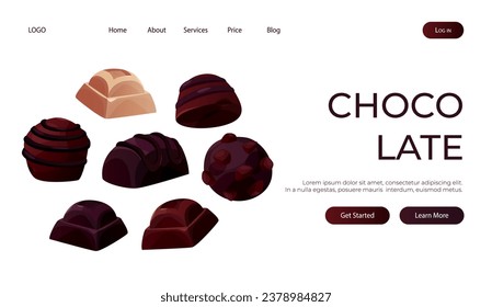 Landing page with dark, white chocolate bar pieces, candy. Chunks and blocks of brown chocolate. Milk sweet dessert, cooking ingredient for confectionery shop. Vector for banner, website
